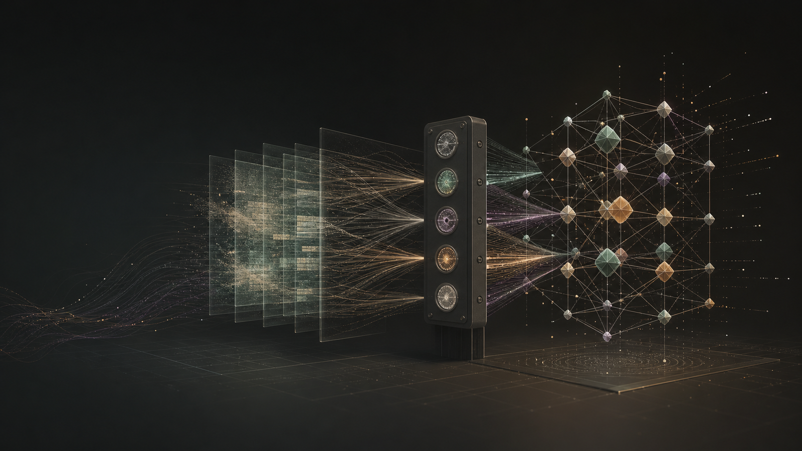 Fixed source data projected through a frozen embedder panel into a structured signal lattice.